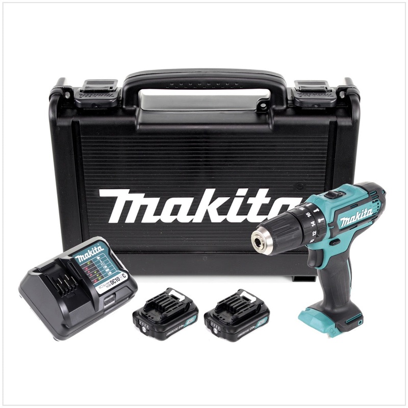 Taladro percutor inalmbrico Makita HP 331 de 10,8 V en maletn de transporte con 2 bateras de 2 Ah + cargador
