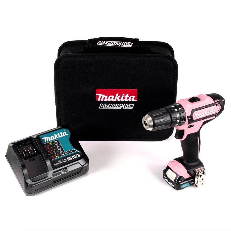 Taladro percutor inalmbrico Makita HP 331 DSAP1 12 V rosa 30 Nm con estuche de transporte y 1 batera BL1021B de 2,0 Ah y cargador DC10SB