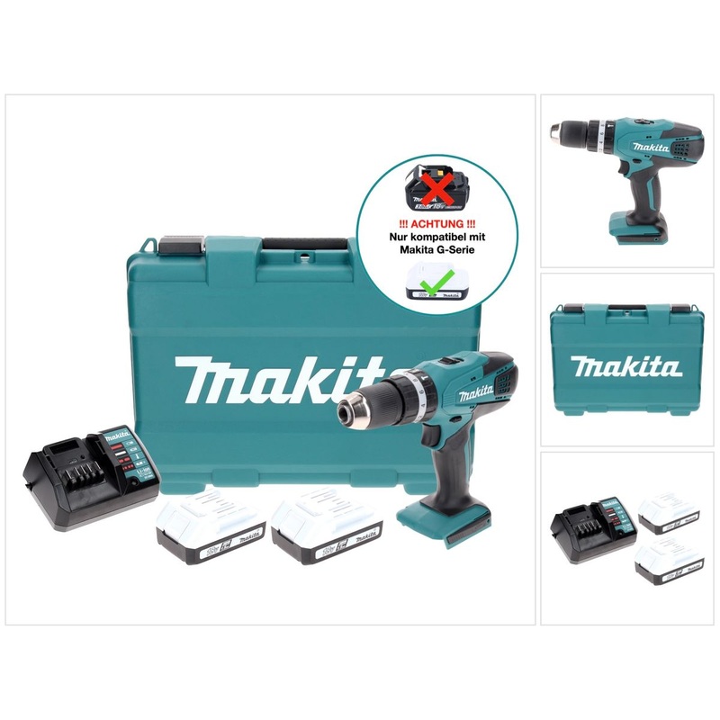 Taladro percutor inalmbrico Makita HP 457 DWE 18 V 42 Nm + 2x bateras 1,5 Ah + cargador + maletn