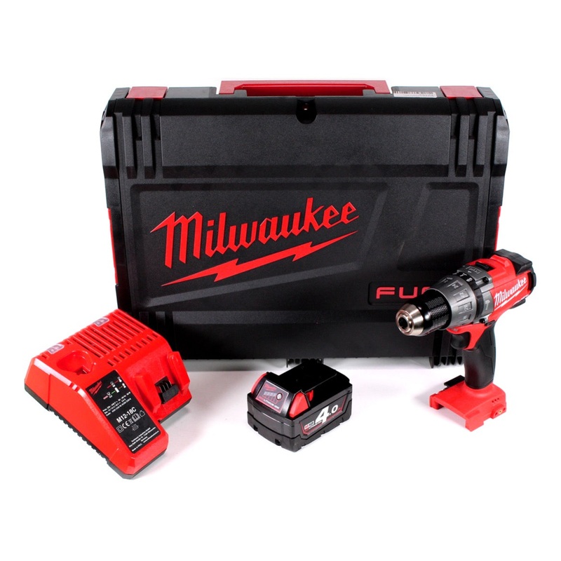 Taladro percutor inalmbrico Milwaukee M18 FPD-401C de 135 Nm en maletn de sistema HD con 1 batera M18 B4 de 4,0 Ah y cargador M12-18C