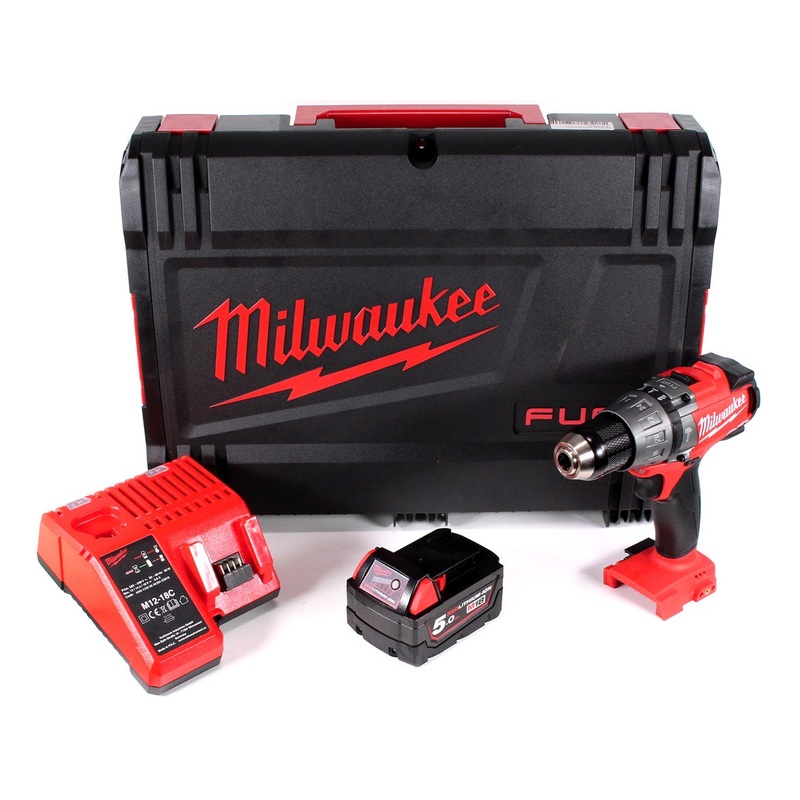 Taladro percutor inalmbrico Milwaukee M18 FPD-501C de 135 Nm en maletn de sistema HD con 1 batera M18 B5 de 5,0 Ah y cargador M12-18C