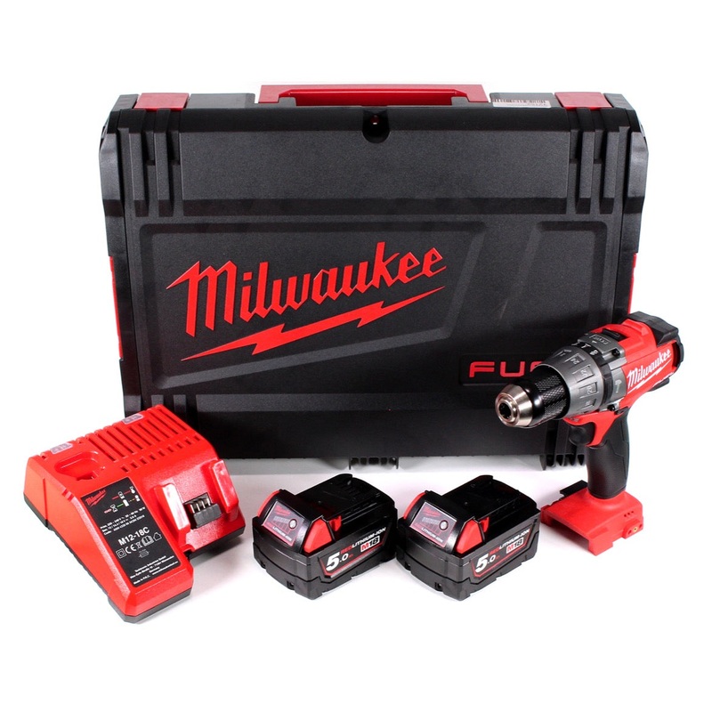 Taladro percutor inalmbrico Milwaukee M18 FPD-502C de 135 Nm en maletn de sistema HD con 2 bateras M18 B5 de 5,0 Ah y cargador M12-18C