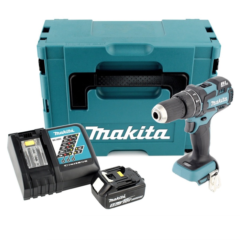 Taladro percutor Makita DHP 480 RT1J con batera Li-Ion de 18 V solo en Makpac + 1 batera de 5,0 Ah + cargador rpido