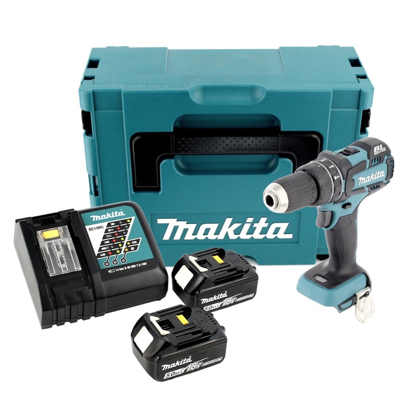 Taladro percutor Makita DHP 480 RTJ con batera Li-Ion de 18 V solo en Makpac + 2 bateras de 5,0 Ah + cargador rpido