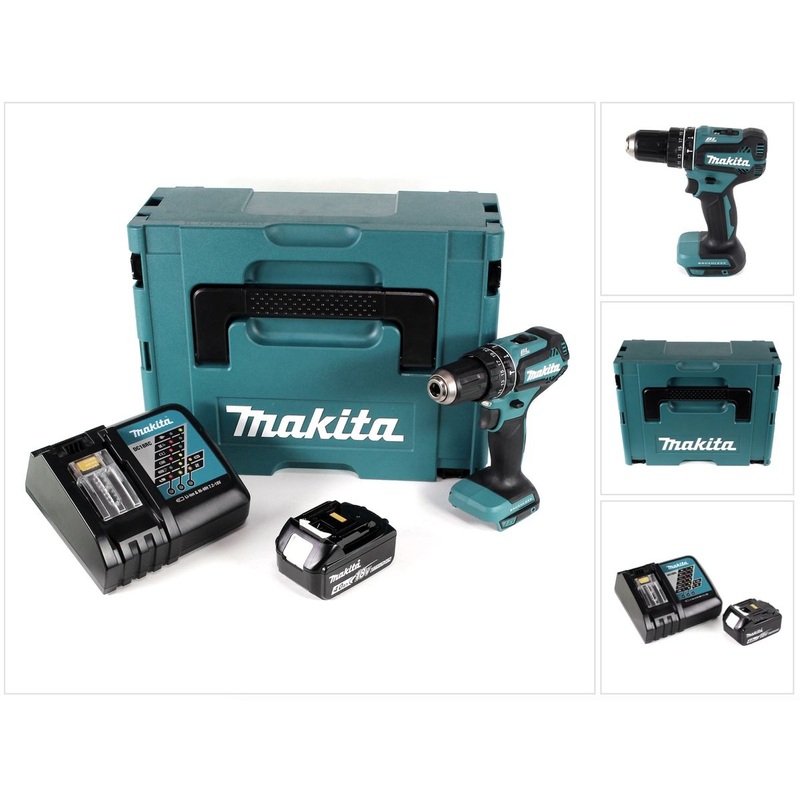 Taladro percutor Makita DHP 485 RM1J con batera de iones de litio de 18 V en Makpac + 1 batera de 4,0 Ah + cargador