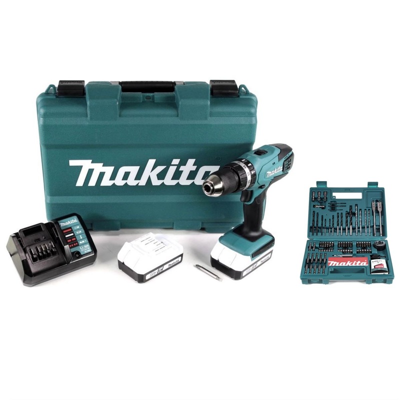 Taladro percutor Makita HP 457 DWE con batera de iones de litio de 18 V en maletn de transporte + 2 bateras de 1,5 Ah + cargador + juego de brocas y brocas Makita B-53811 de 100 piezas con soporte para puntas en maletn de plstico