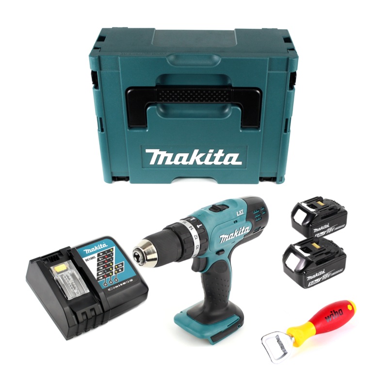 Taladro percutor inalmbrico Makita DHP 453 RTJ 18 V 42 Nm en MAKPAC + 2 bateras 5 Ah + cargador + abridor de botellas Wiha