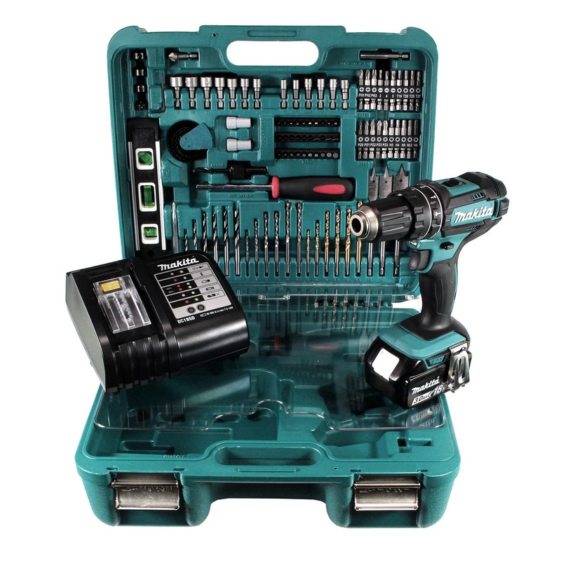 Taladro percutor inalmbrico Makita DHP 482 SFTK 18 V 62 Nm + 1x batera 3.0Ah + cargador + maletn con set de accesorios 101 piezas