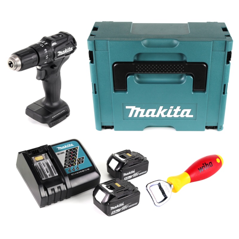Taladro percutor inalmbrico Makita DHP 483 RTJB 18 V 40 Nm negro en Makpac + abridor de botellas Wiha + 2 bateras de 5,0 Ah + cargador