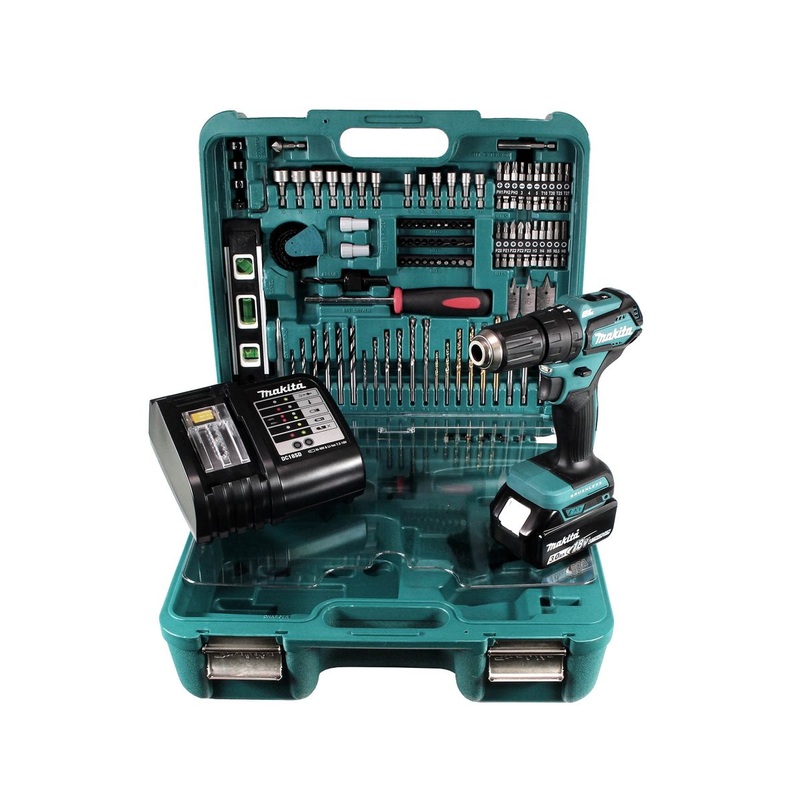 Taladro percutor inalmbrico Makita DHP 483 SFTK 18 V 40 Nm sin escobillas + 1x batera 3,0Ah + cargador + 101 piezas. Juego de herramientas en maleta.