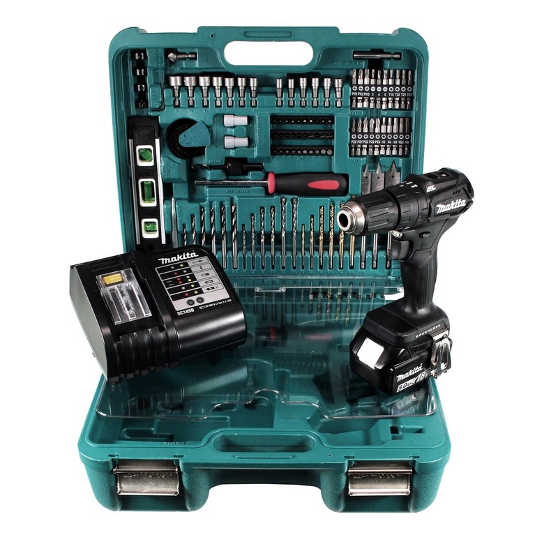 Taladro percutor inalmbrico Makita DHP 483 STTK B 18 V 40 Nm sin escobillas + 1x batera 5,0 Ah + cargador + juego de herramientas de 101 piezas en estuche
