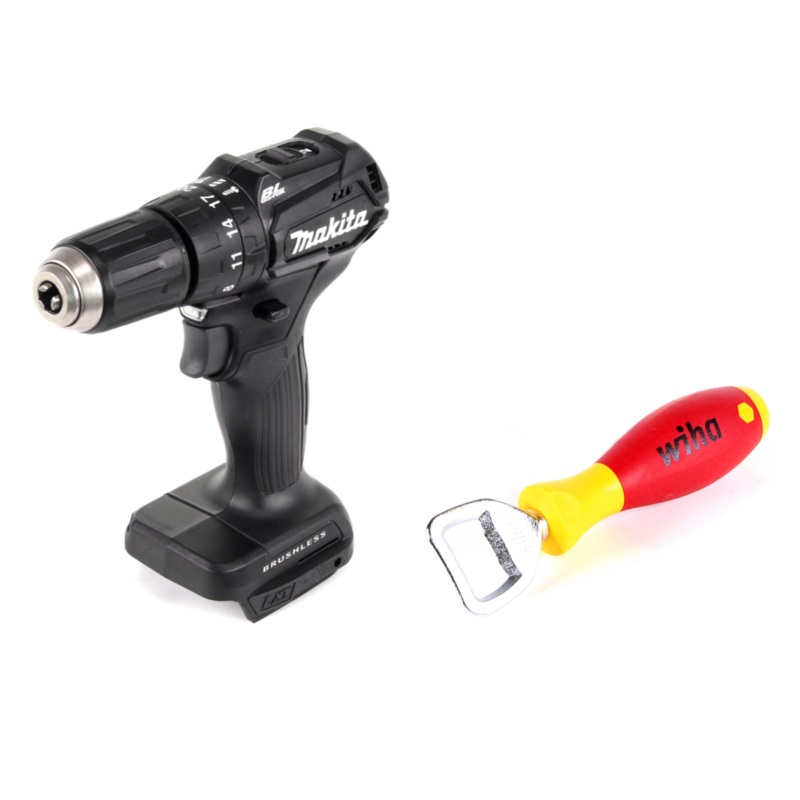 Taladro percutor inalmbrico Makita DHP 483 ZB 18 V 40 Nm negro Solo + abridor de botellas Wiha - sin batera, sin cargador