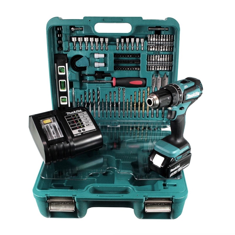 Taladro percutor inalmbrico Makita DHP 485 SFTK 18 V 50 Nm sin escobillas + batera 3,0 Ah + cargador + set de herramientas 101 piezas en estuche