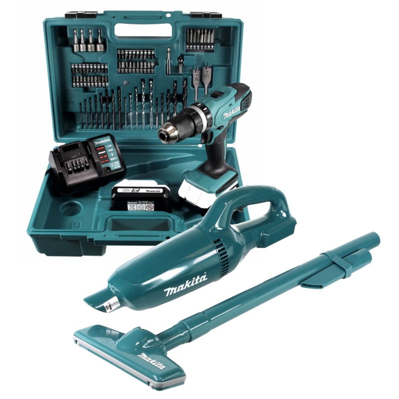 Taladro percutor inalmbrico Makita HP 457 DWE 18V 42Nm + aspirador inalmbrico + 2x bateras 1,5Ah + cargador + 74 piezas. Juego de accesorios en maleta.