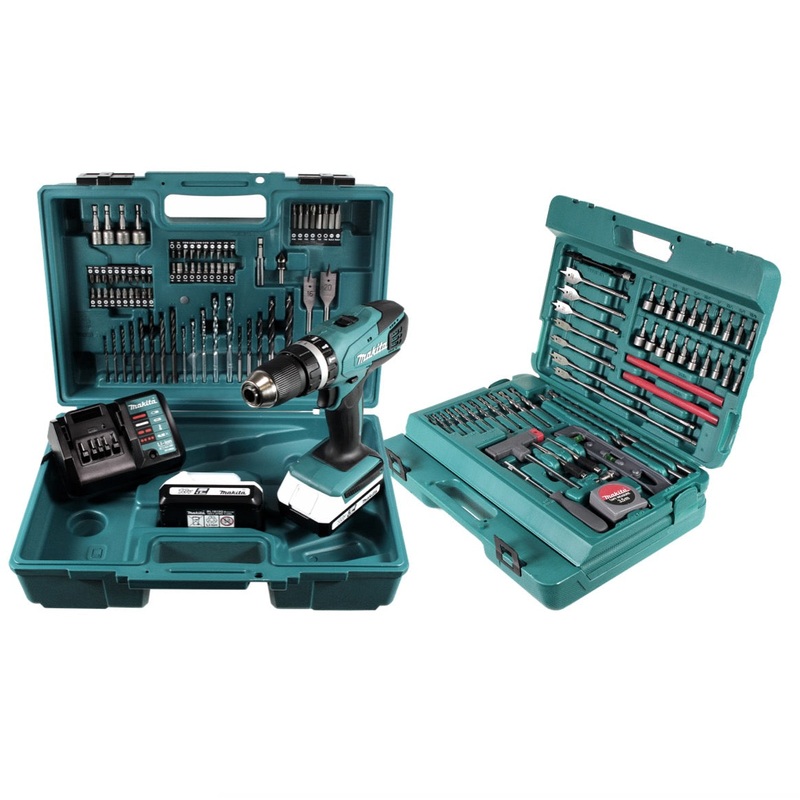 Taladro percutor inalmbrico Makita HP 457 DWE 18V 42Nm Serie G + 2x bateras 1,5 Ah + cargador + 290 piezas. Set + 2x maleta