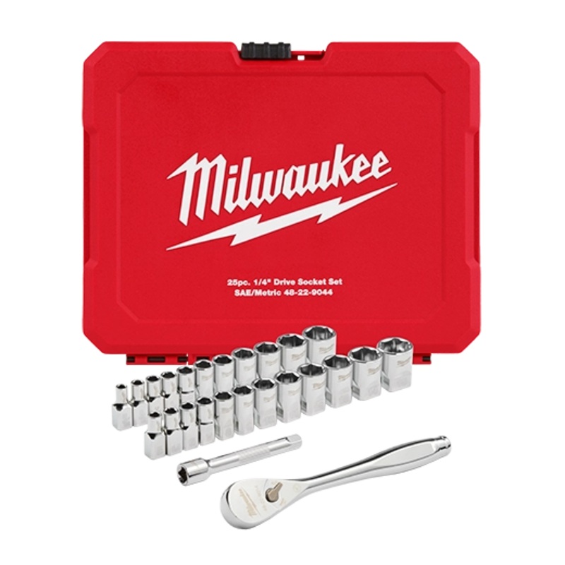 25pc 1/4" Drive Metric & SAE Ratchet and Socket Set with FOUR FLAT SIDES