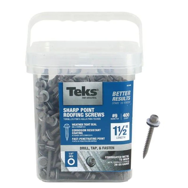 Teks 21406 #9 x 1-1/2 in. HEX WASHER HEAD SHARP PT METAL-TO-WOOD ROOFING SCREWS 400CT