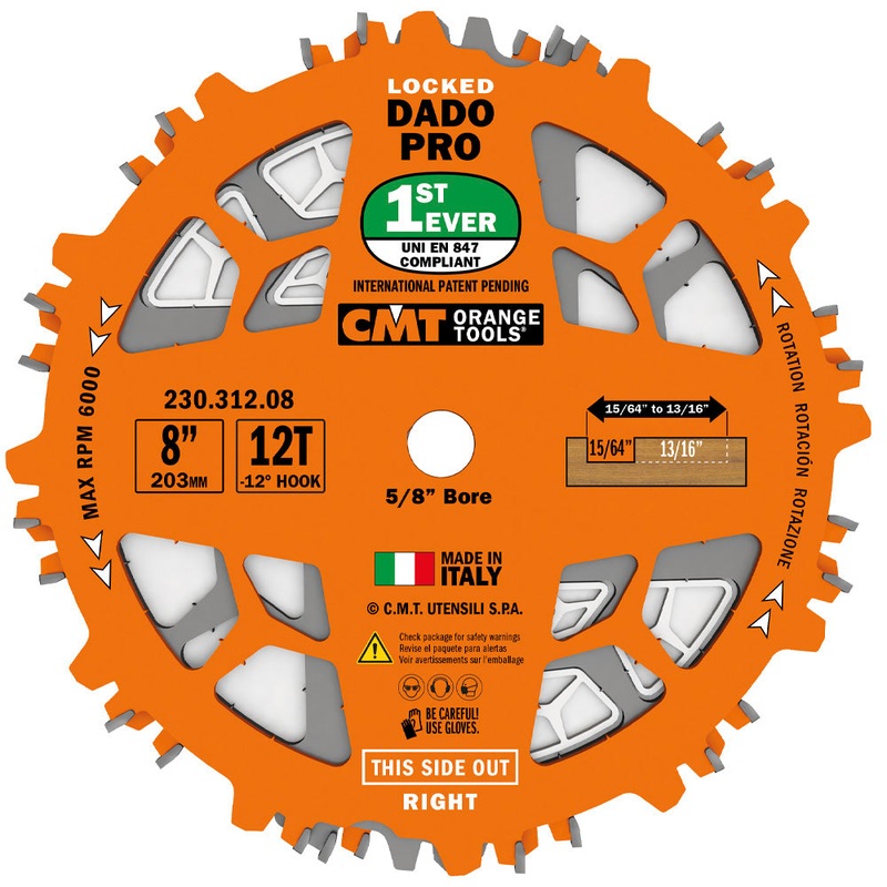 CMT Orange Tools 230.312.08 LOCKED DADO PRO 8x15/64 to 13/16x5/8   T=12 FLAT+ATB (-12 NEG)