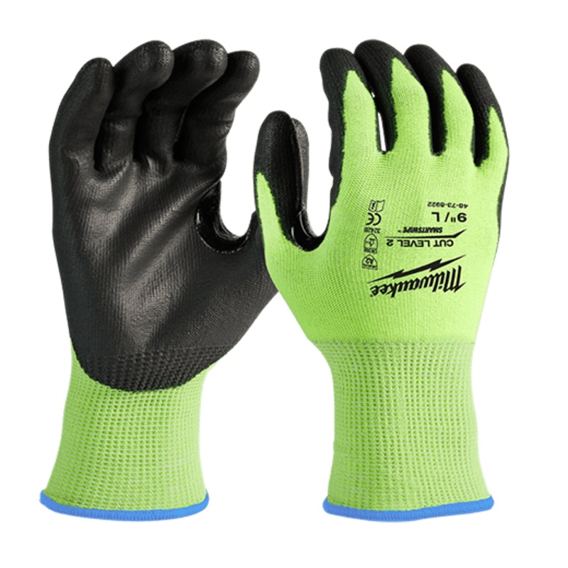 Large High Visibility Level 2 Cut Resistant Polyurethane Dipped Work Gloves