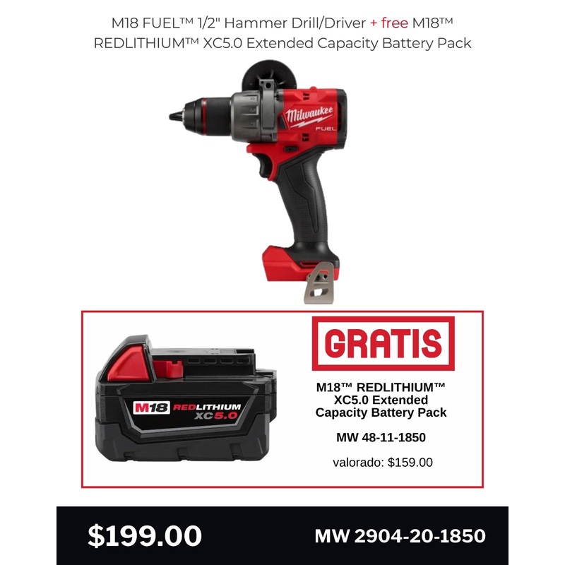 M18 FUEL  1/2" Hammer Drill/Driver + M18 REDLITHIUM XC 5.0Ah Extended Capacity Battery Pack